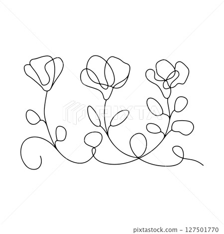 Decorative Vine Floral Line Composition. A graceful linear composition of flowers and twigs that intertwine into a single decorative branch. Decorative Vine Floral Line Composition. A graceful linear composition of flowers and twigs that intertwine into a single decorative branch. 127501770