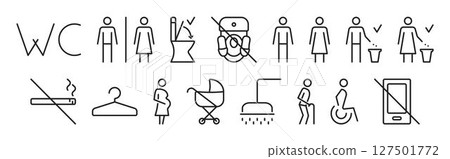 Black line icon set for public toilets, linear vector signs for WC, lavatory, bathroom. Collection of monochrome outline pictograms for women and men changing room and restrooms 127501772