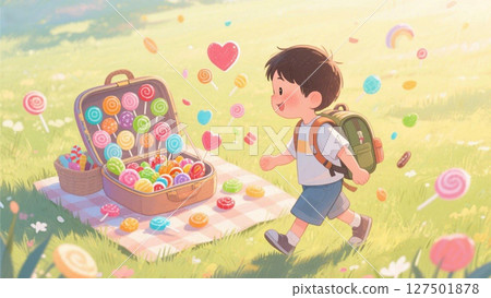 Illustration of a boy standing in front of a basket full of candy in a field 127501878