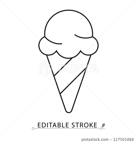 Ice cream cone icon in minimal line style with editable stroke. Sweet dessert in waffle cone, symbol of summer treat, cold food, frozen snack, refreshing sweets, menu visuals and food content design. 127501888