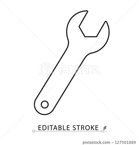 Wrench icon in minimal line style with editable stroke. Repair tool, spanner symbol for mechanical service, technical maintenance, construction visuals, system adjustment and engineering concept. 127501889