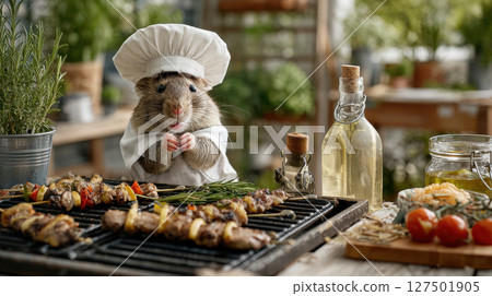 Adorable chef hamster in white hat cooks delicious skewers on outdoor grill surrounded by fresh vegetables and olive oil 127501905