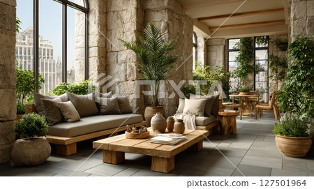 Modern rustic living room with indoor plants and stone walls in sunlit urban loft 127501964
