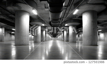 Industrial basement parking garage with large concrete pillars and overhead lighting 127501986