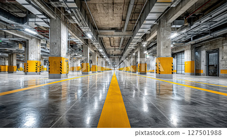 Empty industrial underground parking garage with yellow lines and concrete pillars 127501988