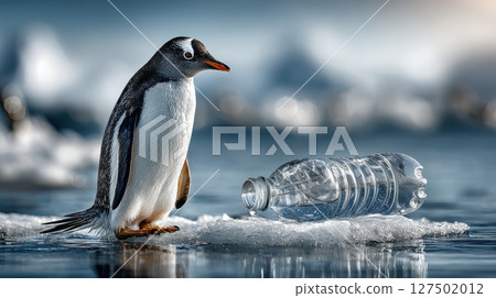 Penguin on ice with plastic bottle highlights environmental pollution in antarctic habitat Penguin on ice with plastic bottle highlights environmental pollution in antarctic habitat 127502012