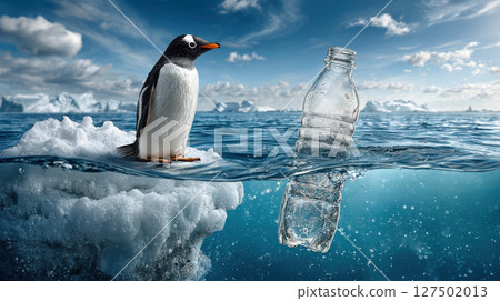 Environmental impact of plastic pollution in antarctica with penguin and floating bottle for conservation awareness 127502013