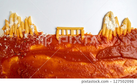 Italian pasta bridge spanning tomato sauce river with Parmesan snow capped mountains. Generated Image 127502098