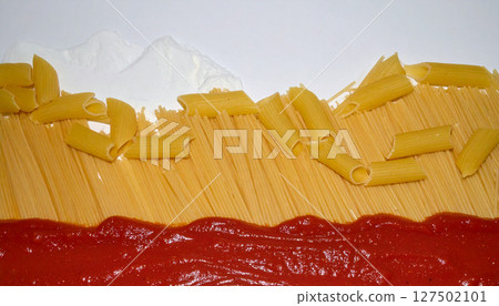 Italian pasta bridge spanning tomato sauce river with Parmesan snow capped mountains. Generated Image 127502101