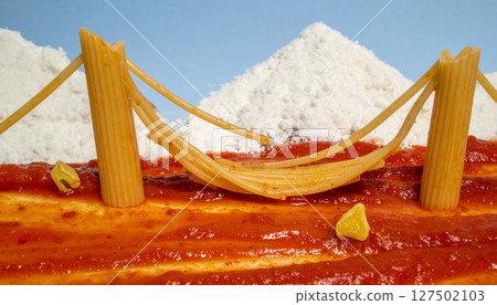 Italian pasta bridge spanning tomato sauce river with Parmesan snow capped mountains. Generated Image 127502103