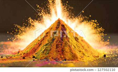 Spice market pyramid collapsing into colorful powder avalanche on black slate. Generated Image 127502110