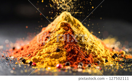 Spice market pyramid collapsing into colorful powder avalanche on black slate. Generated Image 127502111