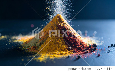 Spice market pyramid collapsing into colorful powder avalanche on black slate. Generated Image Spice market pyramid collapsing into colorful powder avalanche on black slate. Generated Image 127502112