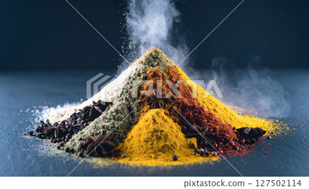Spice market pyramid collapsing into colorful powder avalanche on black slate. Generated Image Spice market pyramid collapsing into colorful powder avalanche on black slate. Generated Image 127502114