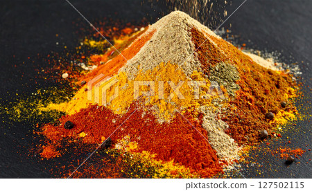 Spice market pyramid collapsing into colorful powder avalanche on black slate. Generated Image Spice market pyramid collapsing into colorful powder avalanche on black slate. Generated Image 127502115