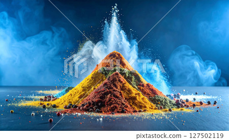 Spice market pyramid collapsing into colorful powder avalanche on black slate. Generated Image 127502119