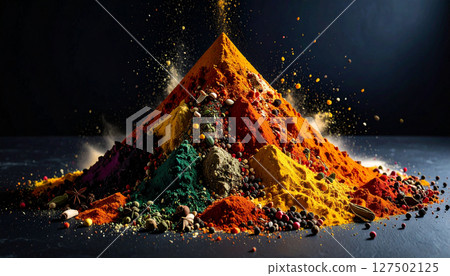 Spice market pyramid collapsing into colorful powder avalanche on black slate. Generated Image 127502125