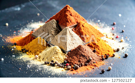 Spice market pyramid collapsing into colorful powder avalanche on black slate. Generated Image 127502127