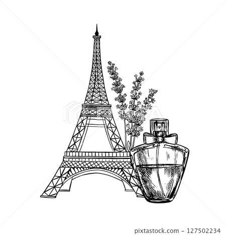 Perfume bottle with lavender flowers and the Eiffel Tower. Black and white vector illustration made by hand in a graphic style. Perfume with the scent of lavender grown in Provence. Design element. 127502234