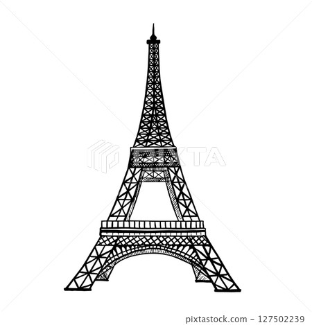 Eiffel tower. Vector graphics, black and white hand-drawn illustration. Isolate on a white background. Sights of France. For flyers, banners and postcards, invitations, posters and stickers and prints Eiffel tower. Vector graphics, black and white hand-drawn illustration. Isolate on a white background. Sights of France. For flyers, banners and postcards, invitations, posters and stickers and prints 127502239