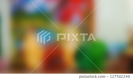 Vibrant Abstract Playroom Backdrop Featuring Colorful Toys, Building Blocks, and Modern Child's Room Decor in Blurry Style 127502249