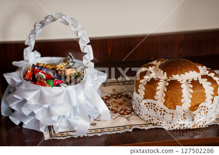 Traditional Easter Bread and Candy Basket Still Life: White Ribbon, Lace Doily, Wood Table, Festive Celebration, Spring Holiday, Chocolate Treats Traditional Easter Bread and Candy Basket Still Life: White Ribbon, Lace Doily, Wood Table, Festive Celebration, Spring Holiday, Chocolate Treats 127502286