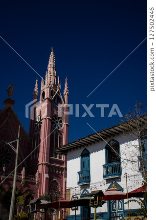 Heritage Town of Jerico located in the Department of Antioquia in Colombia. Pink church of Jerico. Shrine of Saint Mother Laura. Parish of the Heart of Mary. 127502446