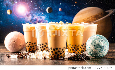 Bubble tea planets with tapioca pearl moons orbiting milk tea sun. Generated Image 127502486