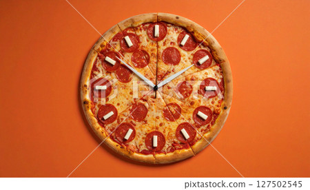 Deconstructed pizza clock with pepperoni hour markers and mozzarella hands. Generated Image 127502545