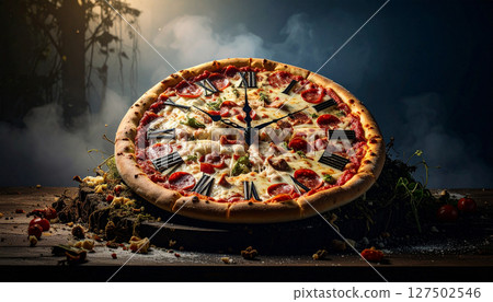 Deconstructed pizza clock with pepperoni hour markers and mozzarella hands. Generated Image 127502546