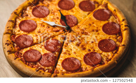 Deconstructed pizza clock with pepperoni hour markers and mozzarella hands. Generated Image 127502548