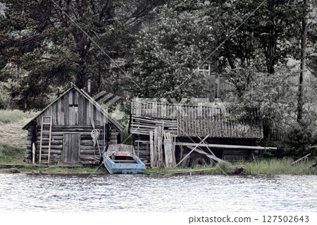 wooden house, barn of fisherman, motor boat wooden house, barn of fisherman, motor boat 127502643