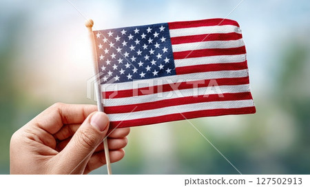 Hand Holding Small American Flag Outdoors 127502913