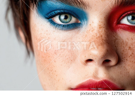 Artistic Close-Up of Face with Patriotic Eye Makeup 127502914