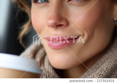 Smiling Woman Holding Coffee Cup Close-Up Smiling Woman Holding Coffee Cup Close-Up 127502918