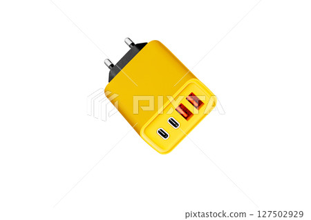adapter for charger with USB and Type C connector, yellow, on isolated or white background 127502929
