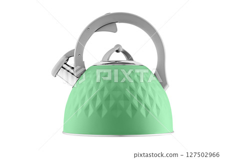 kettle with whistle, matte green color, with rhombus texture on isolated and white background kettle with whistle, matte green color, with rhombus texture on isolated and white background 127502966