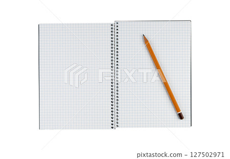 Checkered Notebook with Pencil Spiral White Background 127502971