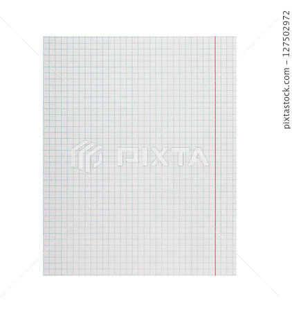 Checkered Paper Sheet with Red Margins on Isolated White Background for Notes 127502972