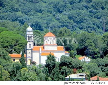 Savina Monastery in Montenegro Surrounded by Lush Greenery and Mediterranean Landscape Savina Monastery in Montenegro Surrounded by Lush Greenery and Mediterranean Landscape 127503351