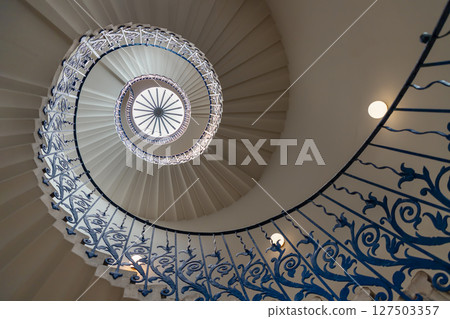 the iconic Tulip Stairs located in the Queen's House, a historic building in Greenwich 127503357
