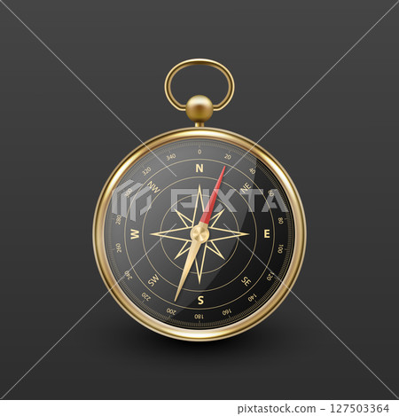 Realistic 3D Vector Compass with Gold Metallic Frame, Navigation Tool Illustration. Vintage Wind Rose Symbol on Dial, Compass Icon Close-up, Isolated 127503364