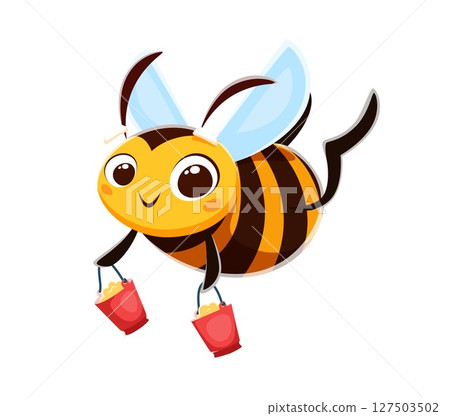 Honey bee cartoon character with funny face and buckets with honey or pollen, vector honeybee. Funny cute bee with happy face and smile carrying buckets of honey, bumblebee insect character for kids Honey bee cartoon character with funny face and buckets with honey or pollen, vector honeybee. Funny cute bee with happy face and smile carrying buckets of honey, bumblebee insect character for kids 127503502