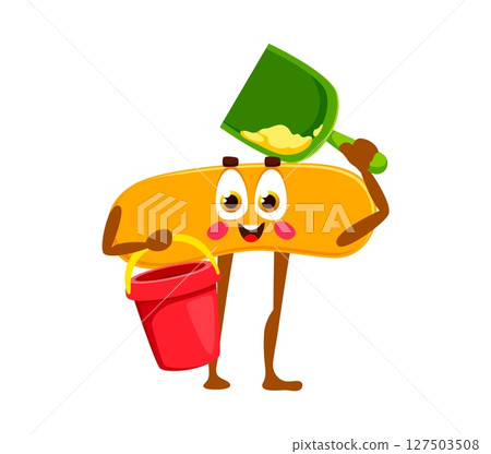 Cartoon math number or digit character on summer vacations or beach holiday, vector personage. Mathematical minus sign as funny kid with sand bucket and spade toy for cartoon math symbol character Cartoon math number or digit character on summer vacations or beach holiday, vector personage. Mathematical minus sign as funny kid with sand bucket and spade toy for cartoon math symbol character 127503508