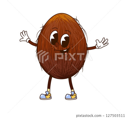 Cartoon funny groovy coconut nut with funky face and happy smile, vector character. Groovy coconut nut comic emoji with open arms for hugs and cute smiling face for seed and nut food cartoon character Cartoon funny groovy coconut nut with funky face and happy smile, vector character. Groovy coconut nut comic emoji with open arms for hugs and cute smiling face for seed and nut food cartoon character 127503511