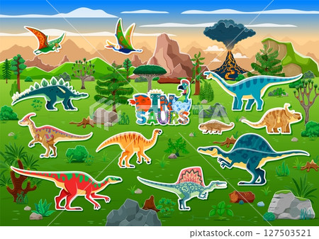 Prehistoric dinosaur characters stickers pack. Cartoon vector adhesive patches with terrain and flying dino animal species amidst lush Jurassic era landscape, featuring erupting volcano and greenery Prehistoric dinosaur characters stickers pack. Cartoon vector adhesive patches with terrain and flying dino animal species amidst lush Jurassic era landscape, featuring erupting volcano and greenery 127503521