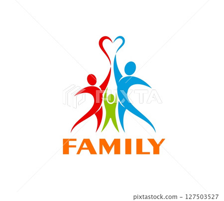 Family icon featuring three adult figures in red and blue, arms raised, holding a heart shape above green child, representing love, unity, togetherness, community, bonding and connection 127503527