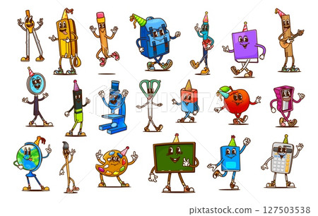 Cartoon groovy school stationery characters of retro hippie cute pencil, book, ruler and calculator, microscope, scissors and backpack. Vector psychedelic groovy globe, paint and brush characters Cartoon groovy school stationery characters of retro hippie cute pencil, book, ruler and calculator, microscope, scissors and backpack. Vector psychedelic groovy globe, paint and brush characters 127503538