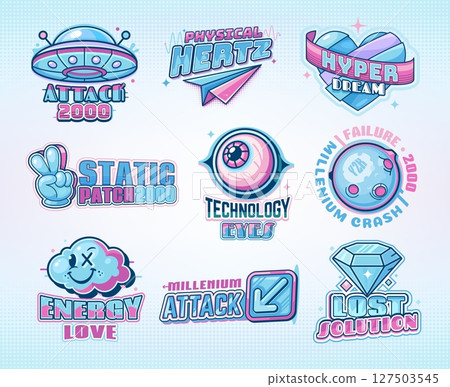 Y2k icons of retro rave space planet globe, UFO spaceship, heart and eyeball. Vector vintage y2k stickers of origami paper airplane, diamond and arrow button, V hand sign and funky cloud smile emoji 127503545