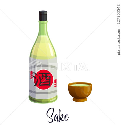 Japanese sake alcohol bottle and glass. Traditional japanese alcohol drink, Asian restaurant spirit beverage or cocktail ingredient. Sake sealed glass bottle and filled ceramic cup, ink calligraphy 127503548
